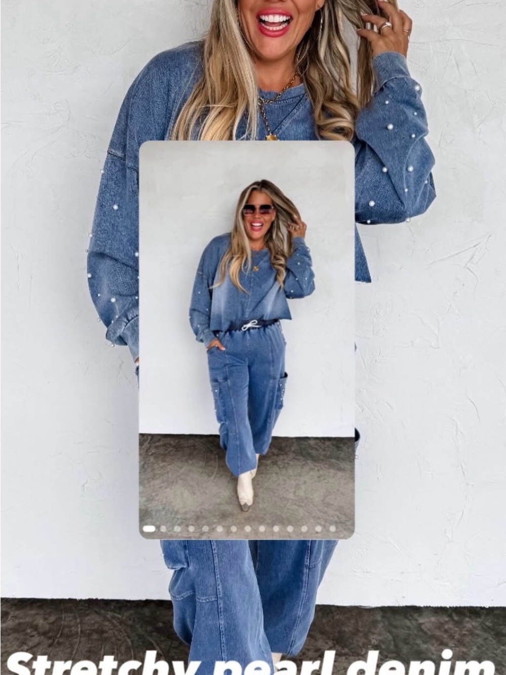 Pearl-Embellished Denim Sweatshirt & Joggers Set - Washed Blue Size S/M